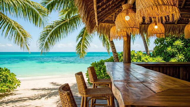 Tropical beach bar with wooden counter and woven chairs under palm trees, showcasing ocean view and natural light filtering through thatched roof