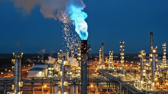 Video of refinery gas flare with intense blue flame motion, petrochemical facility environment, modern energy industry visual theme.