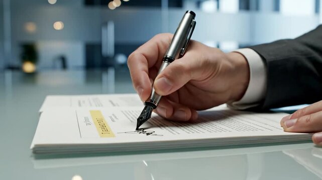 Legal agreement documentation scene inspired by attorney signing contract, a minimalist conference room table with crisp white paperwork aligned precisely, a discreet hand placing a signature on a