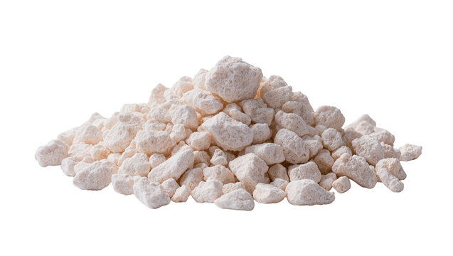 Isolated pile of lightweight porous white expanded perlite for gardening and insulation