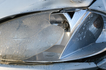 Broken car headlight closeup with shattered plastic cover and damaged silver reflector after...