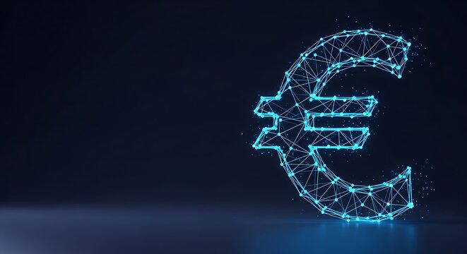 Glowing blue euro symbol on dark background with network connections