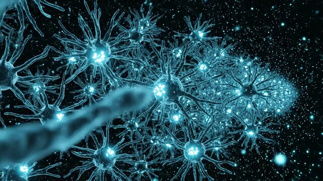 Microscopic Pathogen Network \'96 dynamic infection spread concept visualized as an abstract biological landscape, countless organic forms branching and multiplying across a dark fluid
