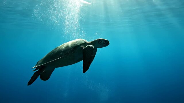 Video of abstract sea turtle form moving through crystal clear blue water, minimalist underwater silhouette, ocean conservation visual for modern branding.