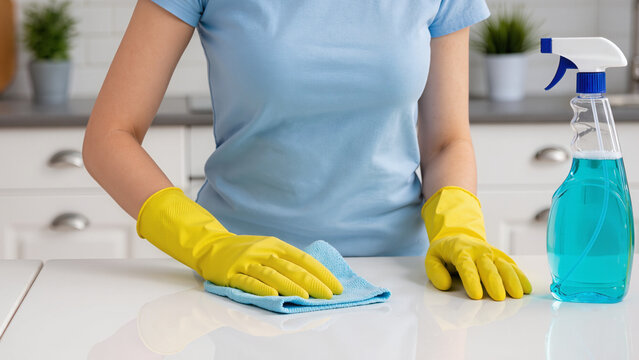 cleaning the kitchen, She wears protective rubber gloves, Surfaces are shiny and clean, A microfiber cloth is effective, Home maintenance is very important, Housework is done with care