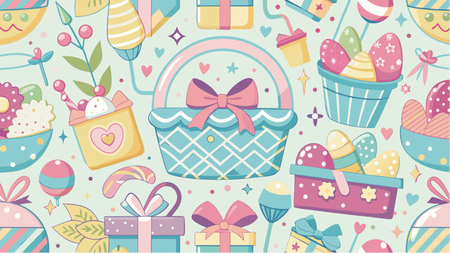 Colorful gift hamper and holiday elements seamless pattern festive presents celebration flat vector illustration