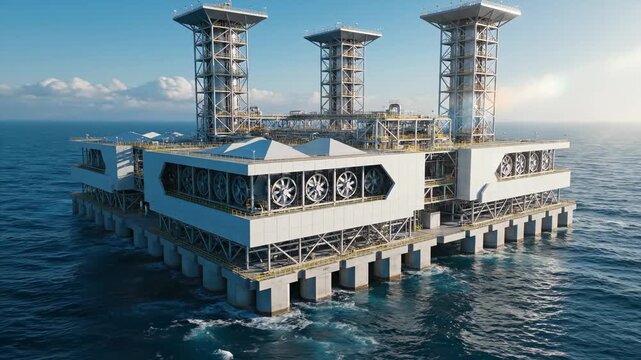 This video presents offshore direct air and ocean carbon removal facility concept with advanced industrial structures at sea, emphasizing green transition, decarbonization and climate action