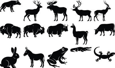 Fototapeta premium Black silhouettes of various wild animals on white background