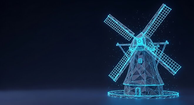 Glowing blue wireframe windmill against dark background
