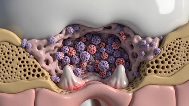 Dental Caries Animation \'96 bacteria destroying tooth structure visualized in ultra-detailed medical 3D, macro cross-sectional view of a molar with glossy enamel surface gradually eroding as