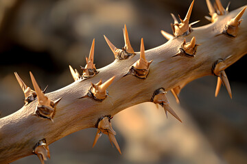 Cholla cactus branch showcases numerous sharp, spiky thorns, vivid depiction of resilient desert protection and rugged nature