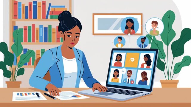 Businesswoman on video call illustration attending virtual meeting with diverse team online conferencing and working from home
