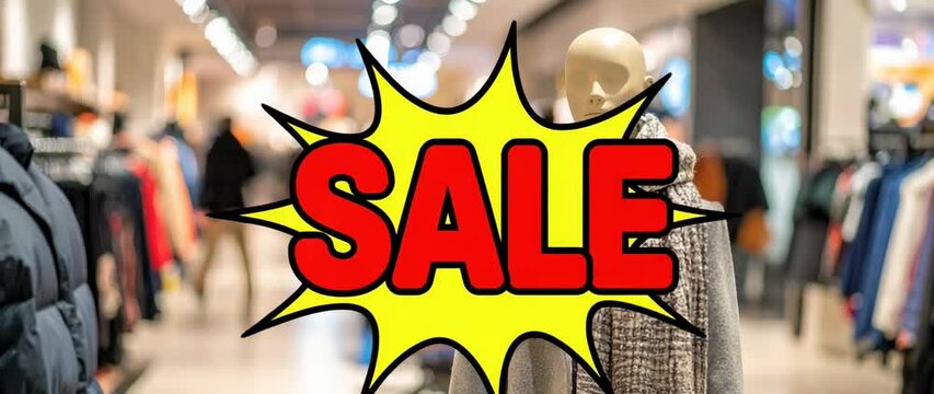 Retail Sales And Consumerism Concept Mannequin Displaying Winter Clothing With Sale Sign In Store BRoll.
