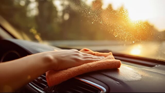 Hand cleaning car dashboard with microfiber cloth at sunset