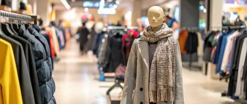 Consumerism And Retail Therapy Concept Mannequins Displaying Winter Fashion In Clothing Store Aisle BRoll.