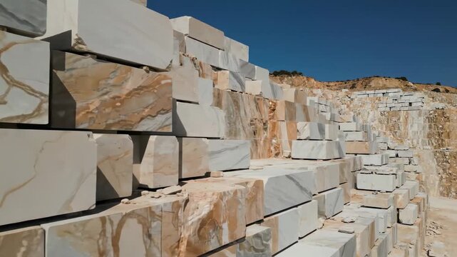 Video of large stone blocks stacked in open marble quarry illuminated by clear midday sun, construction materials and architecture industry theme.