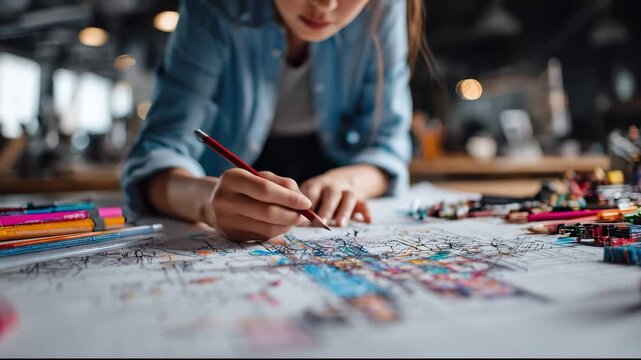 Young artist hand drawing with colored pencils on paper
