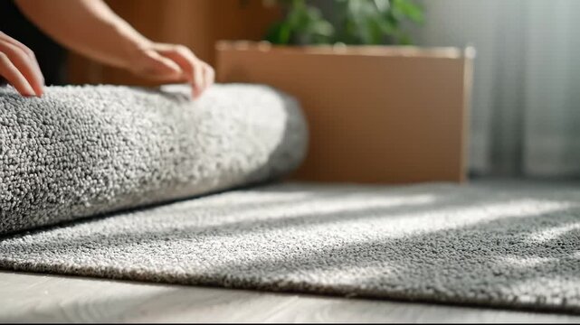Hands unrolling new rug on floor for home renovation