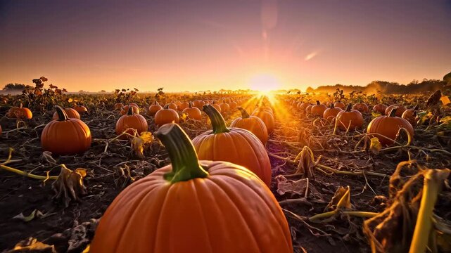 Video of autumn pumpkin field at sunset with glowing orange harvest rows, seasonal farm scenery, rustic countryside branding visual and fall atmosphere concept.