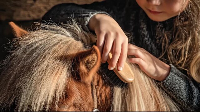 Little girl brushing horse mane showing animal bonding