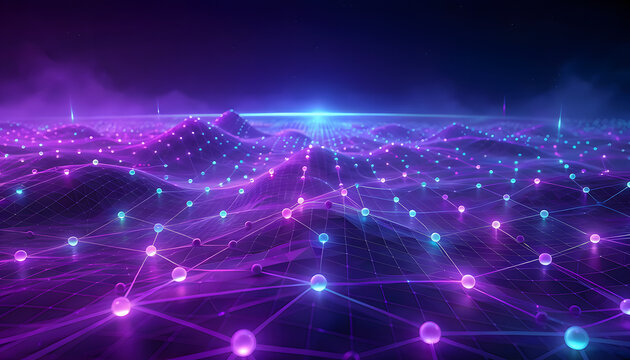 Purple and blue digital network wave stretching to the horizon