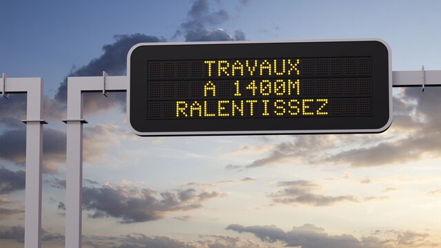 Panneau d'Affichage d'Autoroute Fran&ccedil;ais Annon&ccedil;ant des travaux - rendu 3D