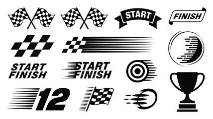 Racing and Competition Icons featuring checkered flags, start-finish lines, speed elements, and winner’s trophy, dynamic vector set for motorsport and sports events illustration.