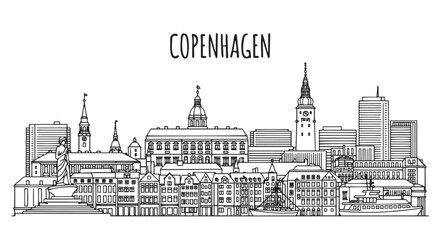 Fototapeta premium Copenhagen Cityscape Outline Drawing Featuring Iconic European Architecture and Canal Houses