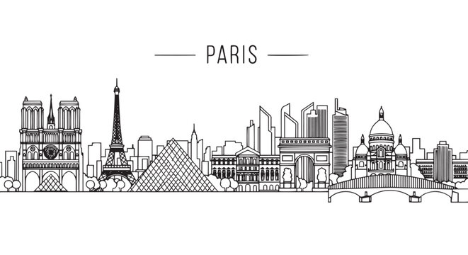 Paris City Skyline Line Art Illustration Featuring Famous Landmarks