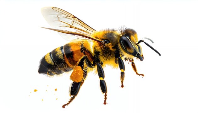 Honey Bee Isolated on White Background with Detailed View of Wings and Body.