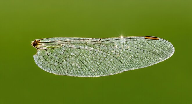 Close-up of a delicate dragonfly wing resting on a vibrant green background