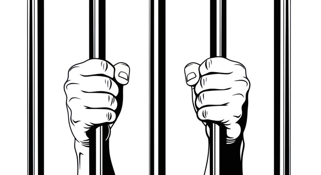 Hands gripping prison bars, symbol of confinement, crime, and justice.