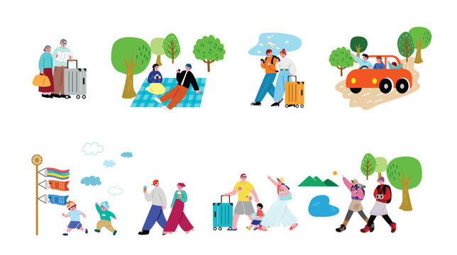 旅行に出かける人々のイラストセット