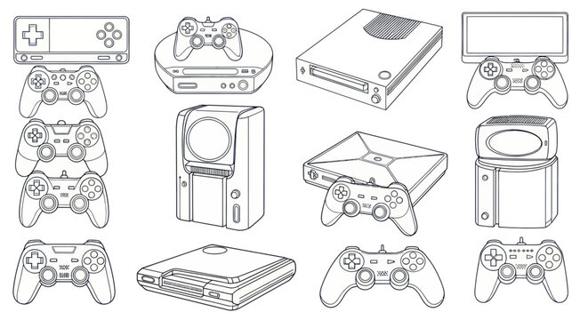 Retro and Modern Video Game Consoles and Controllers - Line Art Collection