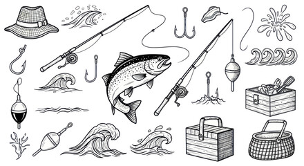 Fishing Gear and Salmon Illustration Set - Hand Drawn Sketch Style © Juli