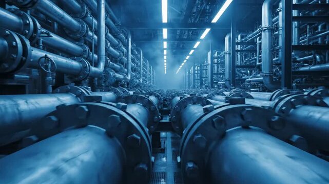 This video showcases Industrial Infrastructure Grid &ndash; Blue-lit refinery pipe arrays with linear motion, supporting energy sector storytelling and advanced facility marketing concepts.