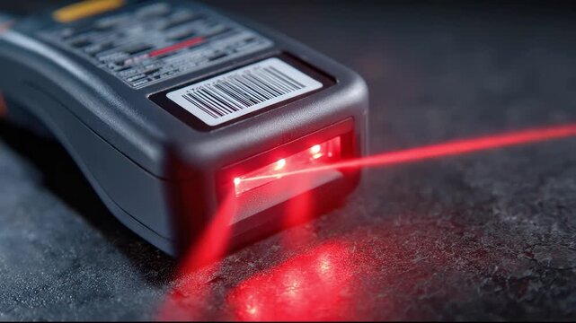 Handheld barcode scanner emitting red laser beams for data