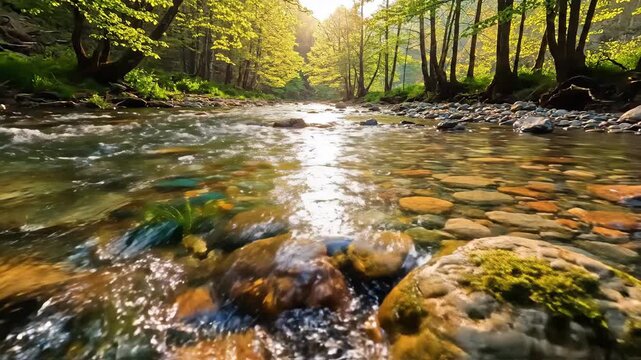 Video of pristine spring river gliding across sunlit stones in peaceful landscape, clean water and sustainability theme for modern media with shimmering ripples forming dynamic patterns over