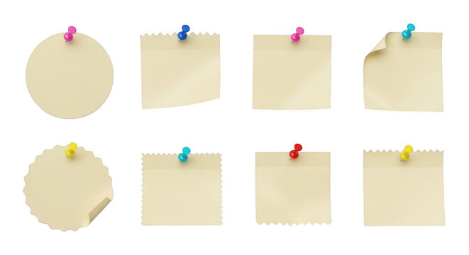 Set of various beige sticky paper notes with colorful thumbtacks attached for office reminders