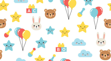 Obraz premium Fun Kids' Pattern Featuring Bears, Bunnies, Balloons, Stars, LEGO Blocks, and Cloud Elements for Playful Nursery and Child Décor