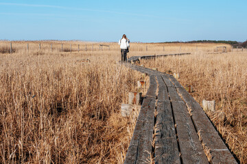 Obraz premium Woman in white jacket walking on wooden boardwalk through tall grass landscape under clear blue sky in a natural outdoor setting