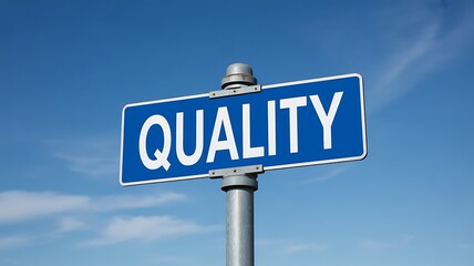 Fototapeta premium Blue street sign with 'QUALITY' on silver pole against blue sky