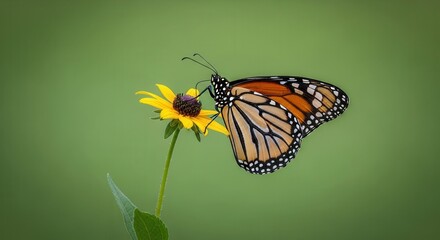 Obraz premium Close-up of a Monarch Butterfly Pollinating a Yellow Flower in Nature Scene
