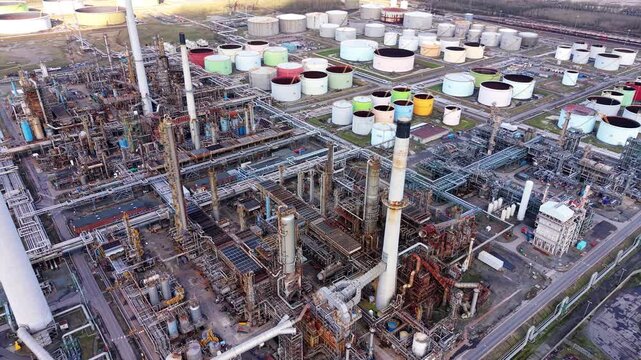 Aerial view of the Lindsey Oil Refinery showcasing the industrial complex with tanks and structures, Immingham, England, United Kingdom.