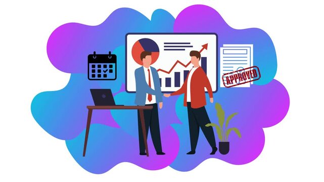 Two business professionals celebrate International Women's Day with a graph on a screen