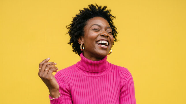Joyful Black Woman Laughing Cheerfully in Bright Pink Sweater Against Yellow Background