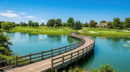 Fototapeta premium Scenic Landscape with Curved Wooden Bridge Over Calm Water and Green Trees