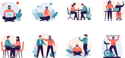 Fototapeta premium Flat illustrations show people working, meeting, exercising, and relaxing