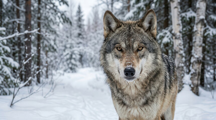 Fototapeta premium Majestic Gray Wolf in Snowy Forest Landscape with Dense Trees