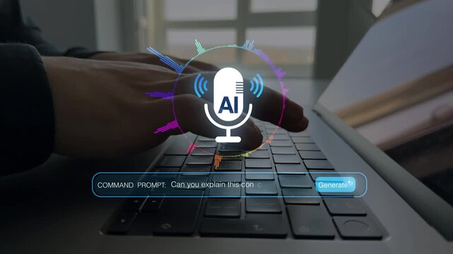 AI assistant voice chat interface. Digital communication, speech recognition, and smart technology enabling natural conversation.Person interacting through microphone with AI Agent voice chat	
